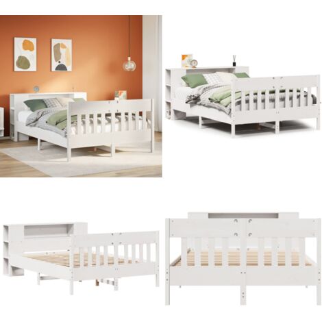 Letto Libreria senza Materasso Bianco 160x200 cm Legno di Pino - Letto con testiera - Letto con base a doghe