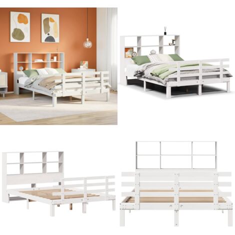 Letto Libreria senza Materasso Bianco 160x200 cm Legno di Pino - Letto con testiera - Letto con base a doghe
