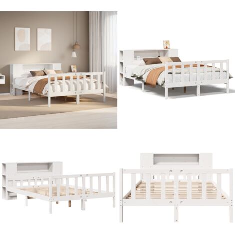 Letto Libreria senza Materasso Bianco 160x200 cm Legno di Pino - Letto con testiera - Letto con base a doghe