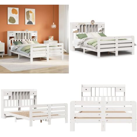Letto Libreria senza Materasso Bianco 160x200 cm Legno di Pino - Letto con testiera - Letto con base a doghe