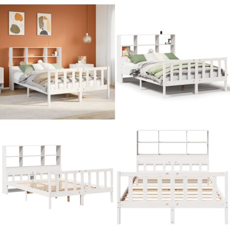 Letto Libreria senza Materasso Bianco 160x200 cm Legno di Pino - Letto con testiera - Letto con base a doghe