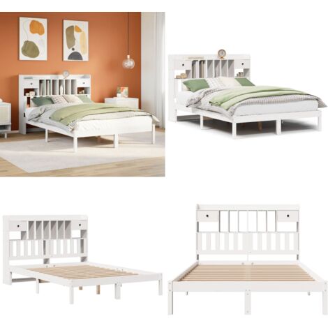 Letto Libreria senza Materasso Bianco 160x200 cm Legno di Pino - Letto con testiera - Letto con cassetti