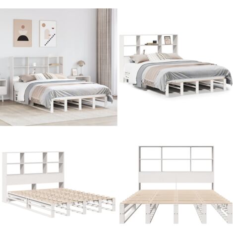 Letto Libreria senza Materasso Bianco 160x200 cm Legno Massello - Letto con testiera - Letto con base a doghe