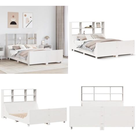 Letto Libreria senza Materasso Bianco 160x200 cm Legno Massello - Letto con testiera - Letto con base a doghe