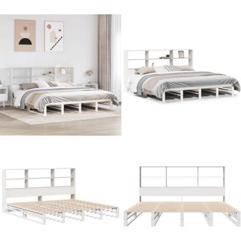 Letto Libreria senza Materasso Bianco 180x200 cm Legno Massello - Letto con testiera - Letto con base a doghe