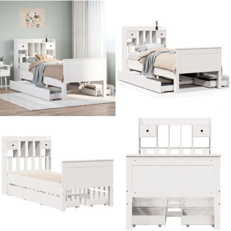 Letto Libreria senza Materasso Bianco 90x190 cm Massello Pino - Letto con testiera - Letto con cassetti