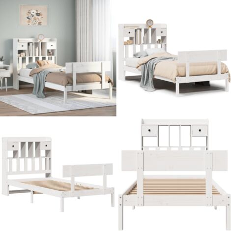 Letto Libreria senza Materasso Bianco 90x190 cm Massello Pino - Letto con testiera - Letto con materasso