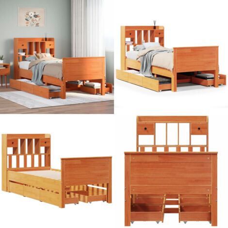 Letto Libreria senza Materasso Marrone Cera 100x200 cm in Pino - Letto con cassetti - Letto con base a doghe