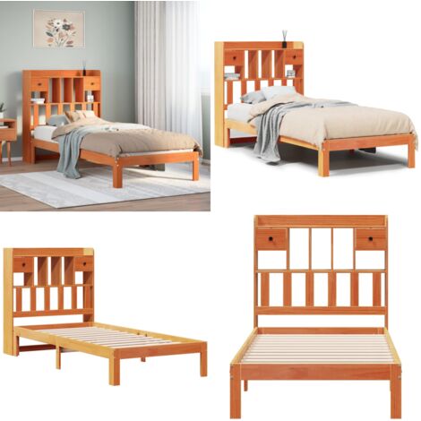 Letto Libreria senza Materasso Marrone Cera 100x200 cm in Pino - Letto con cassetti - Letto con base a doghe