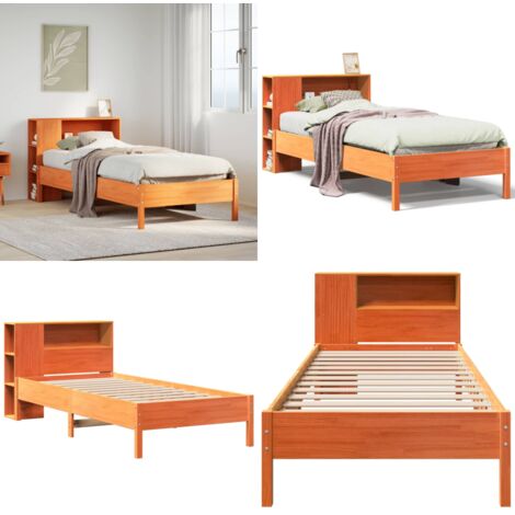 Letto Libreria senza Materasso Marrone Cera 100x200 cm in Pino - Letto con testiera - Letto con base a doghe