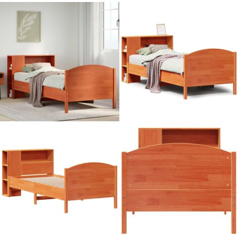 Letto Libreria senza Materasso Marrone Cera 100x200 cm in Pino - Letto con testiera - Letto con base a doghe