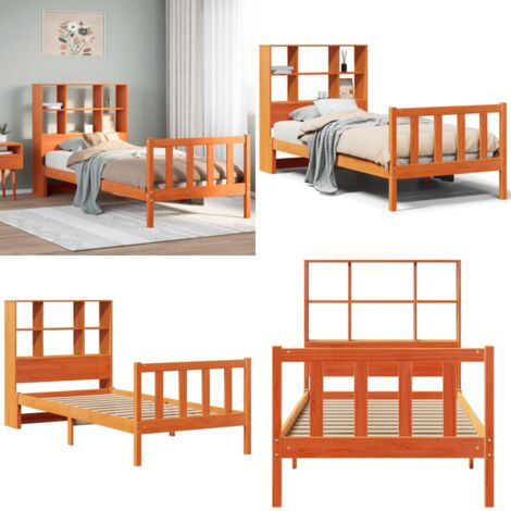 Letto Libreria senza Materasso Marrone Cera 100x200 cm in Pino - Letto con testiera - Letto con base a doghe