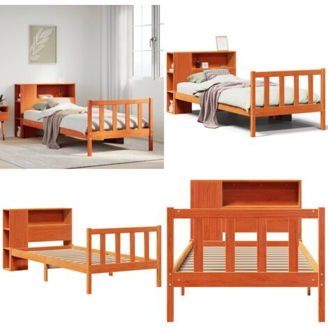Letto Libreria senza Materasso Marrone Cera 100x200 cm in Pino - Letto con testiera - Letto con base a doghe