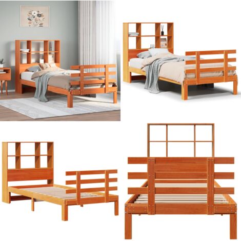 Letto Libreria senza Materasso Marrone Cera 100x200 cm in Pino - Letto con testiera - Letto con base a doghe