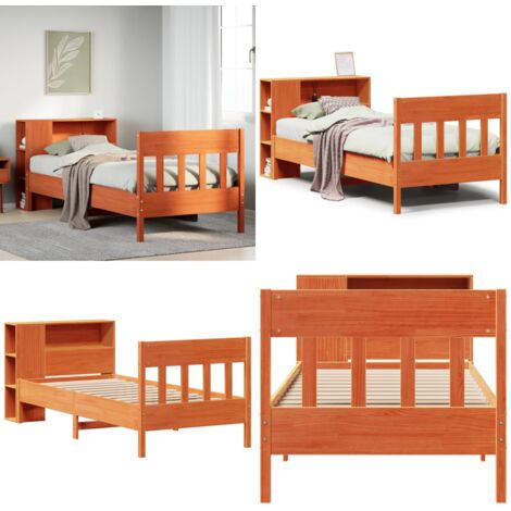Letto Libreria senza Materasso Marrone Cera 100x200 cm in Pino - Letto con testiera - Letto con base a doghe