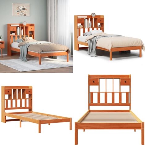 Letto Libreria senza Materasso Marrone Cera 100x200 cm in Pino - Letto con testiera - Letto con cassetti