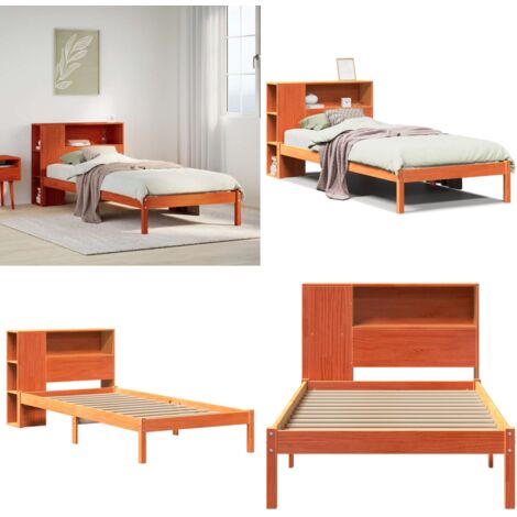 Letto Libreria senza Materasso Marrone Cera 100x200 cm in Pino - Letto con testiera - Letto in legno