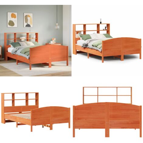 Letto Libreria senza Materasso Marrone Cera 120x190 cm in Pino - Letto con testiera - Letto con base a doghe