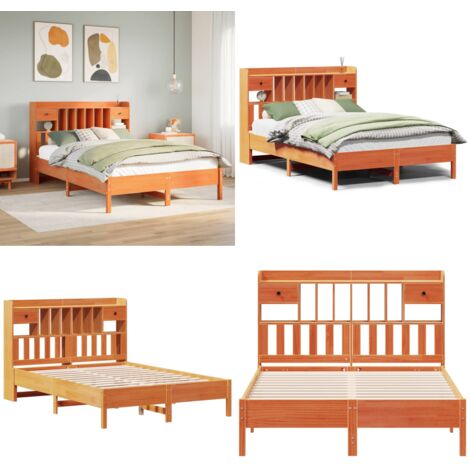 Letto Libreria senza Materasso Marrone Cera 135x190 cm in Pino - Letto con cassetti - Letto con base a doghe
