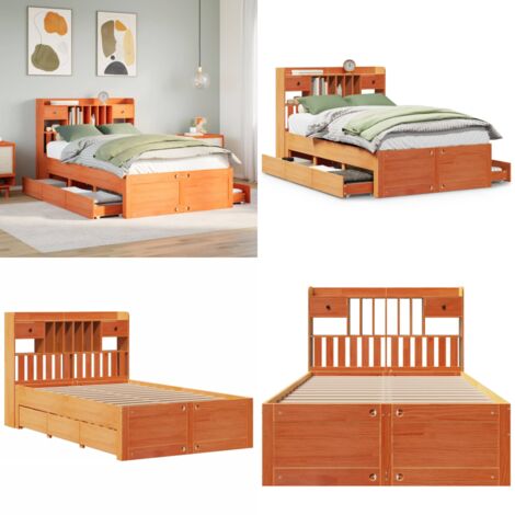 Letto Libreria senza Materasso Marrone Cera 135x190 cm in Pino - Letto con cassetti - Letto con base a doghe