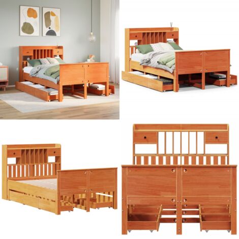 Letto Libreria senza Materasso Marrone Cera 135x190 cm in Pino - Letto con cassetti - Letto con testiera