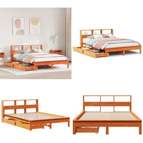 Letto Libreria senza Materasso Marrone Cera 135x190 cm in Pino - Letto con cassetto - Letto con piedini
