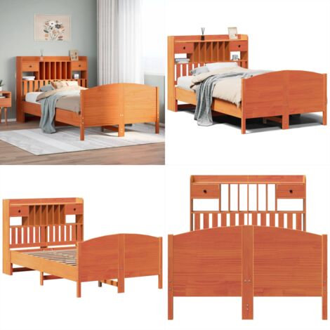 Letto Libreria senza Materasso Marrone Cera 135x190 cm in Pino - Letto con testiera - Letto con base a doghe