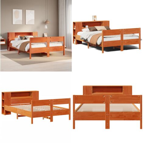 Letto Libreria senza Materasso Marrone Cera 135x190 cm in Pino - Letto con testiera - Letto con base a doghe