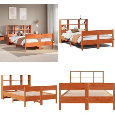 Letto Libreria senza Materasso Marrone Cera 135x190 cm in Pino - Letto con testiera - Letto con base a doghe