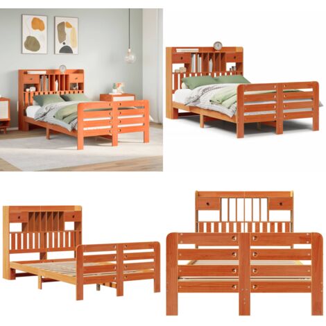 Letto Libreria senza Materasso Marrone Cera 135x190 cm in Pino - Letto con testiera - Letto con base a doghe
