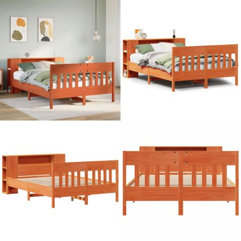 Letto Libreria senza Materasso Marrone Cera 135x190 cm in Pino - Letto con testiera - Letto con base a doghe