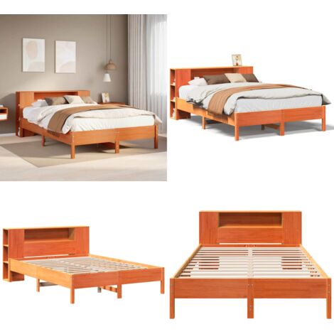 Letto Libreria senza Materasso Marrone Cera 135x190 cm in Pino - Letto con testiera - Letto con base a doghe