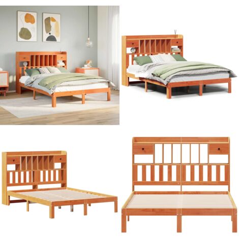 Letto Libreria senza Materasso Marrone Cera 135x190 cm in Pino - Letto con testiera - Letto con cassetti