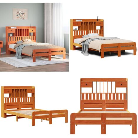 Letto Libreria senza Materasso Marrone Cera 135x190 cm in Pino - Letto con testiera - Letto con cassetti