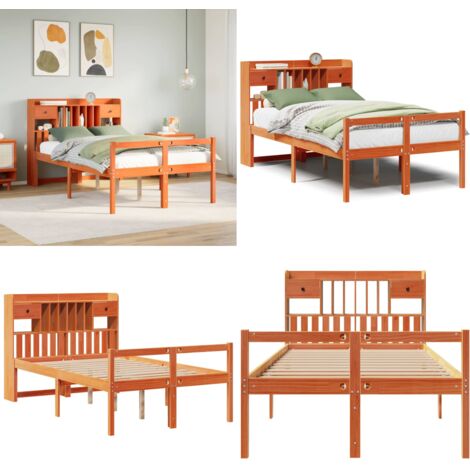Letto Libreria senza Materasso Marrone Cera 135x190 cm in Pino - Letto con testiera - Letto con cassetti
