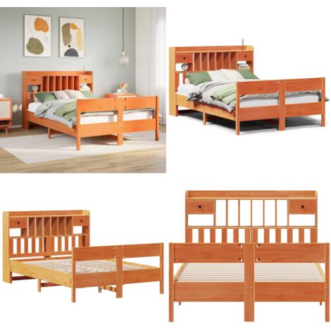Letto Libreria senza Materasso Marrone Cera 135x190 cm in Pino - Letto con testiera - Letto con cassetti