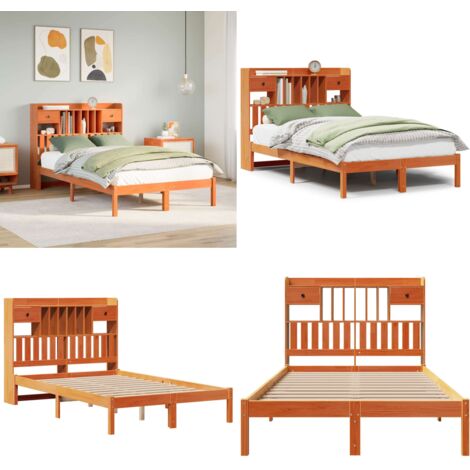 Letto Libreria senza Materasso Marrone Cera 135x190 cm in Pino - Letto con testiera - Letto con cassetti