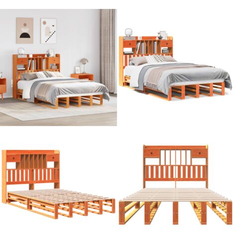 Letto Libreria senza Materasso Marrone Cera 135x190 cm in Pino - Letto con testiera - Letto in legno
