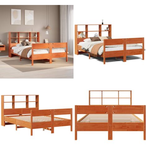 Letto Libreria senza Materasso Marrone Cera 140x190 cm in Pino - Letto con testiera - Letto con base a doghe