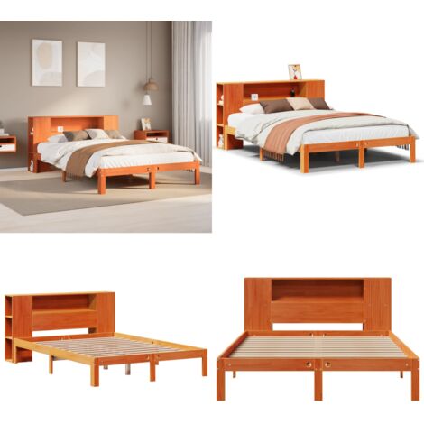Letto Libreria senza Materasso Marrone Cera 140x190 cm in Pino - Letto con testiera - Letto con materasso