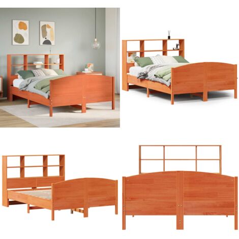 Letto Libreria senza Materasso Marrone Cera 140x200 cm in Pino - Letto con testiera - Letto con base a doghe
