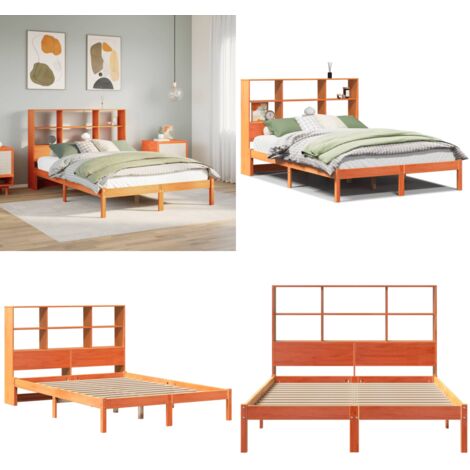 Letto Libreria senza Materasso Marrone Cera 140x200 cm in Pino - Letto con testiera - Letto con base a doghe