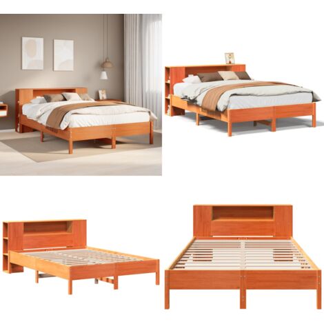 Letto Libreria senza Materasso Marrone Cera 140x200 cm in Pino - Letto con testiera - Letto con base a doghe