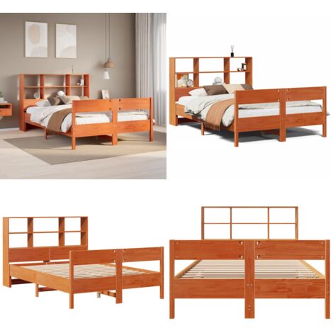 Letto Libreria senza Materasso Marrone Cera 140x200 cm in Pino - Letto con testiera - Letto con base a doghe