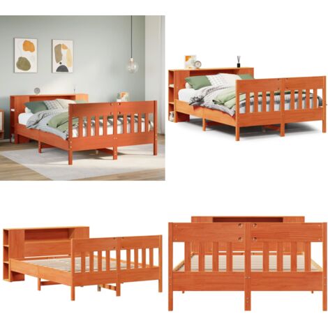 Letto Libreria senza Materasso Marrone Cera 140x200 cm in Pino - Letto con testiera - Letto con base a doghe