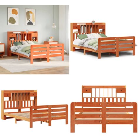 Letto Libreria senza Materasso Marrone Cera 150x200 cm in Pino - Letto con testiera - Letto con base a doghe