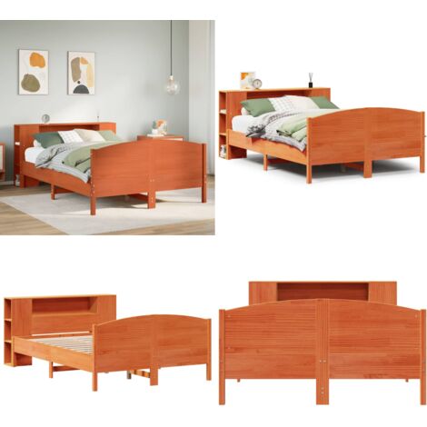 Letto Libreria senza Materasso Marrone Cera 150x200 cm in Pino - Letto con testiera - Letto con base a doghe