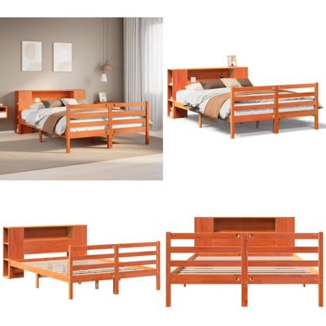 Letto Libreria senza Materasso Marrone Cera 150x200 cm in Pino - Letto con testiera - Letto con base a doghe