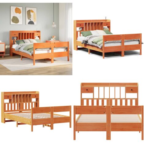 Letto Libreria senza Materasso Marrone Cera 150x200 cm in Pino - Letto con testiera - Letto con base a doghe