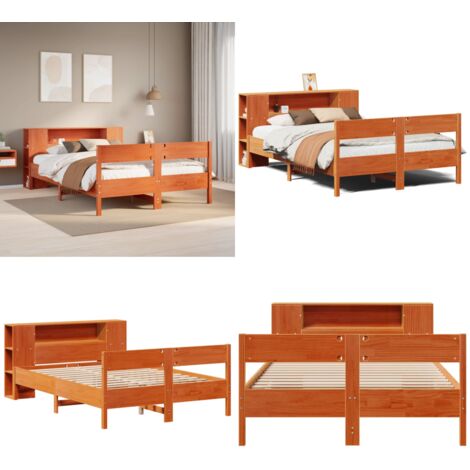 Letto Libreria senza Materasso Marrone Cera 150x200 cm in Pino - Letto con testiera - Letto con base a doghe